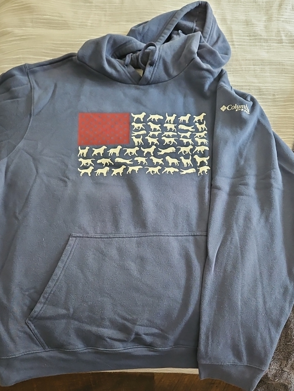 Columbia Men's Navy Crewneck Hoodie with Red and Cream Dog Flag Graphic